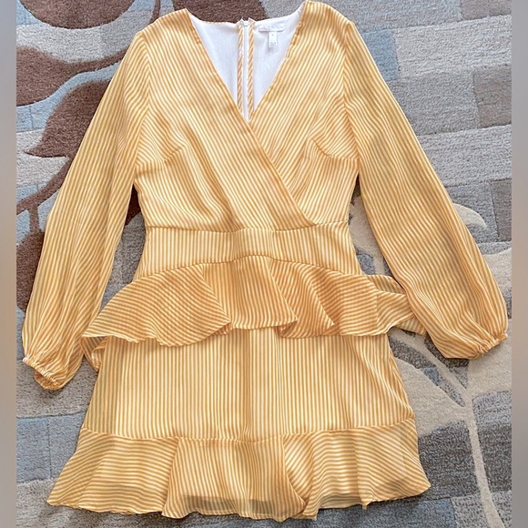 Leith Pinstripe Long Sleeve Faux Wrap Ruffle Flounced Chiffon Mini Dress. - Picture 3 of 8